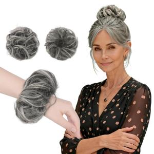 FESHFEN 2PCs Small Messy Bun Hair Piece for Thin Hair Women Girl Mini Synthetic Elastic Wavy Space-bun Scrunchies Updo Hairpieces, Dirty Blonde(Black Gray and White Tips)
