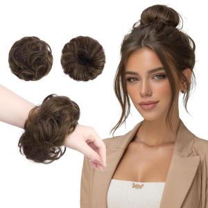 FESHFEN 2PCs Small Messy Bun Hair Piece for Thin Hair Women Girl Mini Synthetic Elastic Wavy Space-bun Scrunchies Updo Hairpieces, Dirty Blonde(Chestnut Brown)
