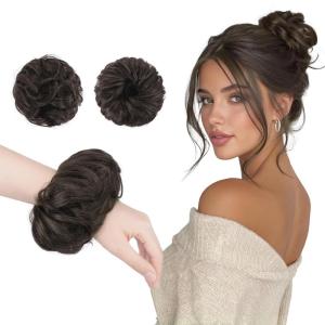 FESHFEN 2PCs Small Messy Bun Hair Piece for Thin Hair Women Girl Mini Synthetic Elastic Wavy Space-bun Scrunchies Updo Hairpieces, Dirty Blonde(Dark Brown)