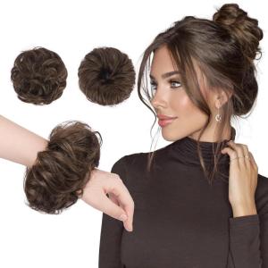 FESHFEN 2PCs Small Messy Bun Hair Piece for Thin Hair Women Girl Mini Synthetic Elastic Wavy Space-bun Scrunchies Updo Hairpieces, Dirty Blonde(Dark Brown & Light Auburn Mixed)