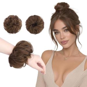 FESHFEN 2PCs Small Messy Bun Hair Piece for Thin Hair Women Girl Mini Synthetic Elastic Wavy Space-bun Scrunchies Updo Hairpieces, Dirty Blonde(Golden Brown)