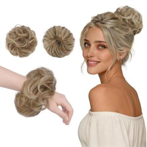 FESHFEN 2PCs Small Messy Bun Hair Piece for Thin Hair Women Girl Mini Synthetic Elastic Wavy Space-bun Scrunchies Updo Hairpieces, Dirty Blonde(Mix Blonde)