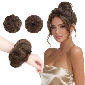 FESHFEN 2PCs Small Messy Bun Hair Piece for Thin Hair Women Girl Mini Synthetic Elastic Wavy Space-bun Scrunchies Updo Hairpieces, Dirty Blonde(Mix Brown)