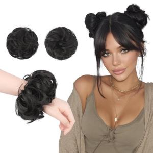 FESHFEN 2PCs Small Messy Bun Hair Piece for Thin Hair Women Girl Mini Synthetic Elastic Wavy Space-bun Scrunchies Updo Hairpieces, Dirty Blonde(Natural Black)