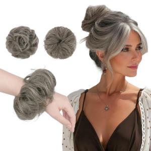 FESHFEN 2PCs Small Messy Bun Hair Piece for Thin Hair Women Girl Mini Synthetic Elastic Wavy Space-bun Scrunchies Updo Hairpieces, Dirty Blonde(Salt and Pepper)