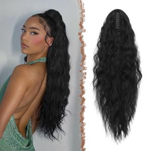 FESHFEN Claw Clip Ponytail Extensions – Long Pony Tail Hair Piece Wavy Curly Synthetic Hairpieces for Women, Dark Brown 26 inch(1B# Black)