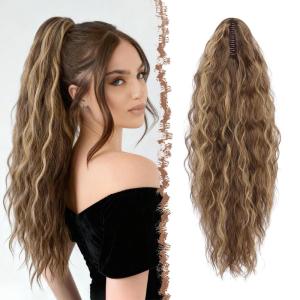 FESHFEN Claw Clip Ponytail Extensions – Long Pony Tail Hair Piece Wavy Curly Synthetic Hairpieces for Women, Dark Brown 26 inch(22H10# Brown Mixed Blonde)