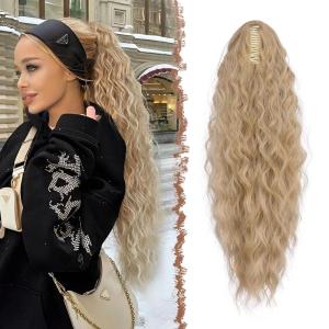 FESHFEN Claw Clip Ponytail Extensions – Long Pony Tail Hair Piece Wavy Curly Synthetic Hairpieces for Women, Dark Brown 26 inch(27.613A# Mixed Blonde)