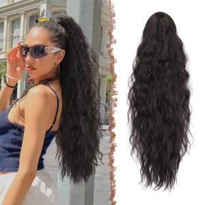 FESHFEN Claw Clip Ponytail Extensions – Long Pony Tail Hair Piece Wavy Curly Synthetic Hairpieces for Women, Dark Brown 26 inch(4# Black Brown)