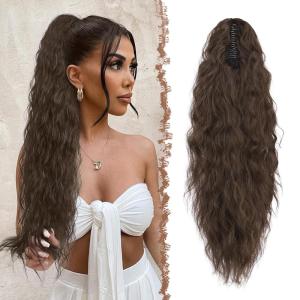 FESHFEN Claw Clip Ponytail Extensions – Long Pony Tail Hair Piece Wavy Curly Synthetic Hairpieces for Women, Dark Brown 26 inch(4.6A# Mixed Brown)