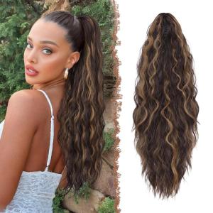 FESHFEN Claw Clip Ponytail Extensions – Long Pony Tail Hair Piece Wavy Curly Synthetic Hairpieces for Women, Dark Brown 26 inch(4BH27# Brown Highlighted Strawberry Blonde)