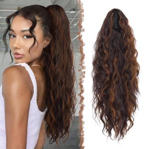 FESHFEN Claw Clip Ponytail Extensions – Long Pony Tail Hair Piece Wavy Curly Synthetic Hairpieces for Women, Dark Brown 26 inch(4H30# Dark Brown and Light Auburn)