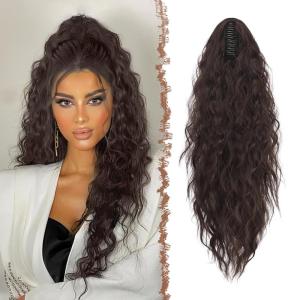 FESHFEN Claw Clip Ponytail Extensions – Long Pony Tail Hair Piece Wavy Curly Synthetic Hairpieces for Women, Dark Brown 26 inch(6# Dark Brown)