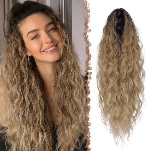 FESHFEN Claw Clip Ponytail Extensions – Long Pony Tail Hair Piece Wavy Curly Synthetic Hairpieces for Women, Dark Brown 26 inch(6.27T613# Ombre Brown Mix Blonde)