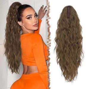FESHFEN Claw Clip Ponytail Extensions – Long Pony Tail Hair Piece Wavy Curly Synthetic Hairpieces for Women, Dark Brown 26 inch(8.10# Moss Brown)