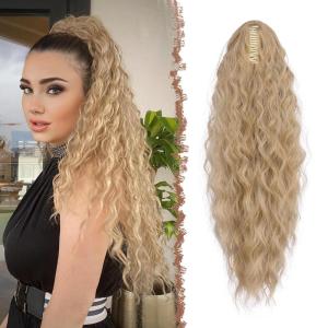 FESHFEN Claw Clip Ponytail Extensions – Long Pony Tail Hair Piece Wavy Curly Synthetic Hairpieces for Women, Dark Brown 26 inch(Mixed Blonde)