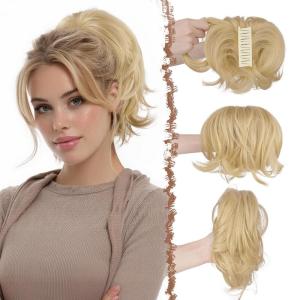 FESHFEN Claw Clip Short Ponytail Extensions – DIY Bendable Metals Fluffy Messy Bun Hair Piece Straight Synthetic Hairpieces Ponytail Extension for Women, Black Gray and White Tips(18.613# Champagne Blonde)