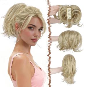 FESHFEN Claw Clip Short Ponytail Extensions – DIY Bendable Metals Fluffy Messy Bun Hair Piece Straight Synthetic Hairpieces Ponytail Extension for Women, Black Gray and White Tips(16H613# Dirty Blonde)