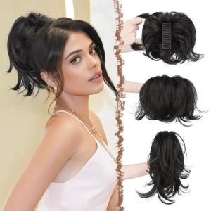FESHFEN Claw Clip Short Ponytail Extensions – DIY Bendable Metals Fluffy Messy Bun Hair Piece Straight Synthetic Hairpieces Ponytail Extension for Women, Black Gray and White Tips(2# Natural Black)