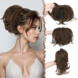 FESHFEN Claw Clip Short Ponytail Extensions – DIY Bendable Metals Fluffy Messy Bun Hair Piece Straight Synthetic Hairpieces Ponytail Extension for Women, Black Gray and White Tips(8/10# Chestnut Brown)