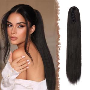 FESHFEN Claw Ponytail Extensions – Long Straight Ponytails for Women Hairpieces Synthetic Hair Pony Tails Extension Clip in Hairpiece, 25 inch Dirty Blonde(Black Brown)