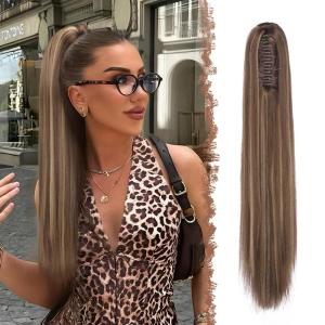 FESHFEN Claw Ponytail Extensions – Long Straight Ponytails for Women Hairpieces Synthetic Hair Pony Tails Extension Clip in Hairpiece, 25 inch Dirty Blonde(Honey Blonde Mixed Light Brown)