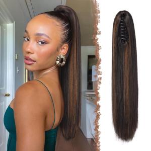 FESHFEN Claw Ponytail Extensions – Long Straight Ponytails for Women Hairpieces Synthetic Hair Pony Tails Extension Clip in Hairpiece, 25 inch Dirty Blonde(Dark Brown Mixed Light Auburn)