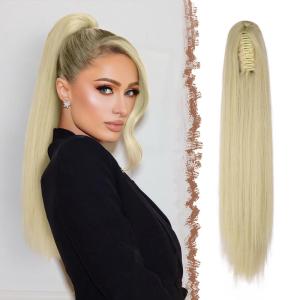 FESHFEN Claw Ponytail Extensions – Long Straight Ponytails for Women Hairpieces Synthetic Hair Pony Tails Extension Clip in Hairpiece, 25 inch Dirty Blonde(Ash Blonde)