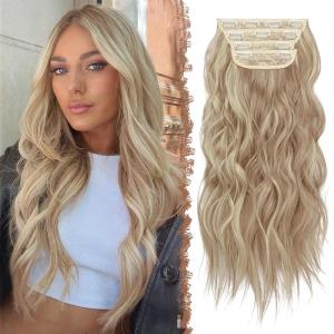 FESHFEN Clip in Hair Extensions – 4 PCS Long Wavy Thick Clip in Hairpieces Full Head Natural Soft Synthetic Hair Extension for Women, Black 20 Inch(12H15# Caramel Brown Mixed Beige Blonde)