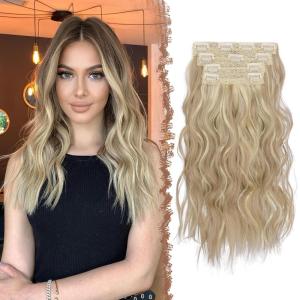 FESHFEN Clip in Hair Extensions – 4 PCS Long Wavy Thick Clip in Hairpieces Full Head Natural Soft Synthetic Hair Extension for Women, Black 20 Inch(16H613# Dirty Blonde)