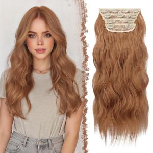 FESHFEN Clip in Hair Extensions – 4 PCS Long Wavy Thick Clip in Hairpieces Full Head Natural Soft Synthetic Hair Extension for Women, Black 20 Inch(33/44B# Auburn Brown)