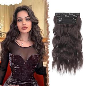 FESHFEN Clip in Hair Extensions – 4 PCS Long Wavy Thick Clip in Hairpieces Full Head Natural Soft Synthetic Hair Extension for Women, Black 20 Inch(6A# Dark Brown)