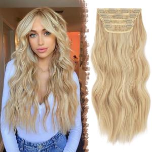 FESHFEN Clip in Hair Extensions – 4 PCS Long Wavy Thick Clip in Hairpieces Full Head Natural Soft Synthetic Hair Extension for Women, Black 20 Inch(P86/613A# Golden Mix Beige Blonde)