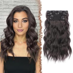 FESHFEN Clip in Hair Extensions 4PCs Long Wavy Curly Thick Hairpieces Full Head Natural Synthetic Extension for Women, 16 Inch Light Beige Blonde Mix Cream Blonde(2# Natural Black)