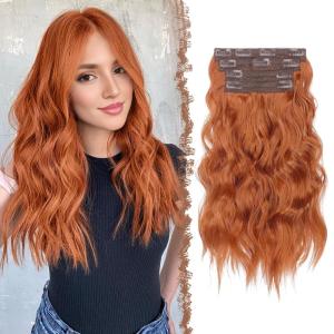 FESHFEN Clip in Hair Extensions 4PCs Long Wavy Curly Thick Hairpieces Full Head Natural Synthetic Extension for Women, 16 Inch Light Beige Blonde Mix Cream Blonde(30C# Copper Red)