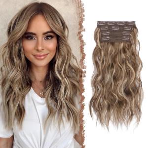 FESHFEN Clip in Hair Extensions 4PCs Long Wavy Curly Thick Hairpieces Full Head Natural Synthetic Extension for Women, 16 Inch Light Beige Blonde Mix Cream Blonde(18H24# Brunette Mixed Ash Blonde)