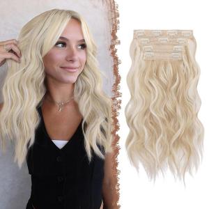 FESHFEN Clip in Hair Extensions 4PCs Long Wavy Curly Thick Hairpieces Full Head Natural Synthetic Extension for Women, 16 Inch Light Beige Blonde Mix Cream Blonde(P85.613# Light Beige Blonde Mix Cream Blonde)