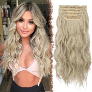 FESHFEN Clip in Hair Extensions 4PCs Long Wavy Curly Thick Hairpieces Full Head Natural Synthetic Extension for Women, 16 Inch Light Beige Blonde Mix Cream Blonde(P85/613# Mixed Blonde)