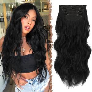 FESHFEN Clip in Hair Extensions 4PCs Long Wavy Curly Thick Hairpieces Full Head Natural Synthetic Extension for Women, 16 Inch Light Beige Blonde Mix Cream Blonde(1# Black)