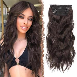 FESHFEN Clip in Hair Extensions 4PCs Long Wavy Curly Thick Hairpieces Full Head Natural Synthetic Extension for Women, 16 Inch Light Beige Blonde Mix Cream Blonde(4.6A# Dark Brown Mix Chocolate Brown)