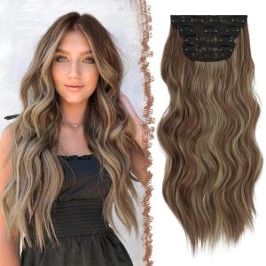 FESHFEN Clip in Hair Extensions 4PCs Long Wavy Curly Thick Hairpieces Full Head Natural Synthetic Extension for Women, 16 Inch Natural Black(12H24# Reddish Brown Mixed Ash Blonde)