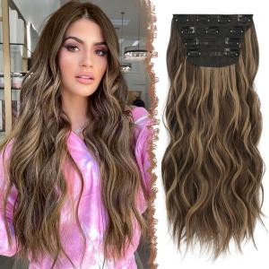 FESHFEN Clip in Hair Extensions 4PCs Long Wavy Curly Thick Hairpieces Full Head Natural Synthetic Extension for Women, 16 Inch Natural Black(22H10# Honey Blonde Mixed Light Brown)