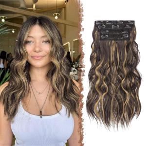 FESHFEN Clip in Hair Extensions 4PCs Long Wavy Curly Thick Hairpieces Full Head Natural Synthetic Extension for Women, 16 Inch Natural Black(4AH26# Brown Highlighted Caramel Blonde)