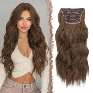FESHFEN Clip in Hair Extensions 4PCs Long Wavy Curly Thick Hairpieces Full Head Natural Synthetic Extension for Women, 16 Inch Natural Black(H012# Golden Brown)