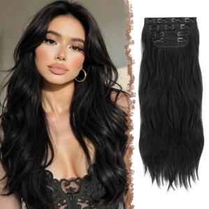 FESHFEN Clip in Hair Extensions for Women – 4 Pcs Thick Double Weft Long Wavy Soft Synthetic Blends Well Hair Extension, 20 inch Dirty Blonde(1B# Black-4PCS)