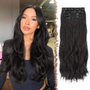 FESHFEN Clip in Hair Extensions for Women – 4 Pcs Thick Double Weft Long Wavy Soft Synthetic Blends Well Hair Extension, 20 inch Dirty Blonde(2# Natural Black-4PCS)
