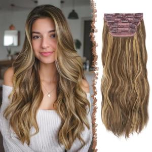 FESHFEN Clip in Hair Extensions for Women – 4 Pcs Thick Double Weft Long Wavy Soft Synthetic Blends Well Hair Extension, 20 inch Dirty Blonde(22H10# Golden Brown & Blonde-4PCS)