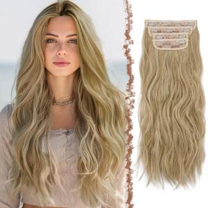 FESHFEN Clip in Hair Extensions for Women – 4 Pcs Thick Double Weft Long Wavy Soft Synthetic Blends Well Hair Extension, 20 inch Dirty Blonde(27.613A# Mixed Blonde-4PCS)