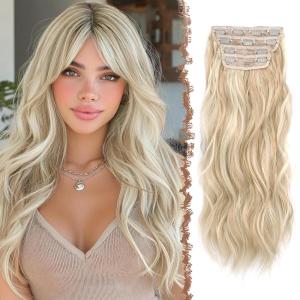 FESHFEN Clip in Hair Extensions for Women – 4 Pcs Thick Double Weft Long Wavy Soft Synthetic Blends Well Hair Extension, 20 inch Dirty Blonde(Champagne Blonde & White Blonde-4PCS)