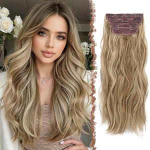FESHFEN Clip in Hair Extensions for Women – 4 Pcs Thick Double Weft Long Wavy Soft Synthetic Blends Well Hair Extension, 20 inch Dirty Blonde(Light Brown & Mixed Blonde-4PCS)